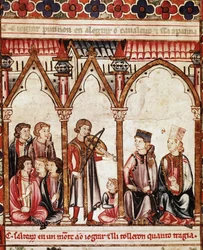 Groupe de troubadours, illustration des « Cantigas de Santa Maria », réalisée sous la direction d