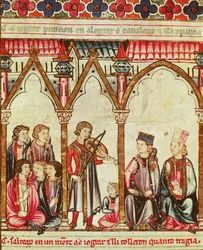 Groupe de troubadours, illustration des Cantigas de Santa Maria, réalisée sous la direction d