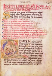 Lettrine historiée «Q» représentant trois dragons, première page du Guide du pèlerin de Saint-Jacques-de-Compostelle, tirée du «Codex Calixtinus»