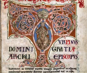 Initiale T avec une représentation de Charlemagne, illustration du Codex Calixtinus