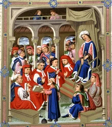 Jaume Marquilles remet son livre aux conseillers de Barcelone en présence du roi Alphonse IV le Magnanime, XVe siècle (manuscrit)