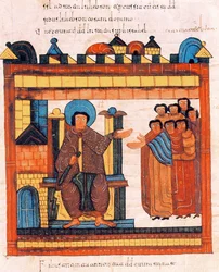 Le roi David assis sur son trône et entouré de sa cour, de la Bible wisigothique-mozarabe de saint Isidore, fol. 126r., 960 apr. J.-C.