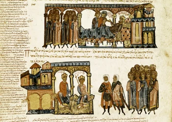Miniature de « Synopsis historiarum » ou « Chroniques byzantines » (Histoires des rois byzantins et événements de 811 à 1057) par Jean Skylitzès (11e-12e siècle)