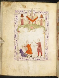 Moïse réprimandant deux Israélites qui se querellent, Moïse en Égypte, de la Haggadah hispano-mauresque, MS Or 2737, f.66r, f.1275-1324