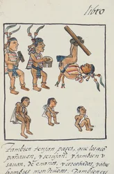 Ms Palat. 218-220 Livre IX Divertissements aztèques, musiciens, jongleurs et bossus, du Codex Florentin par Bernardino de Sahagun, c.1540-85