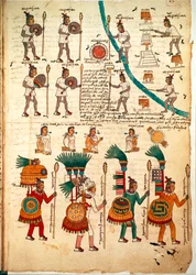 Page du Codex Mendoza montrant des guerriers aztèques armés de lances et de boucliers, c.1541-42