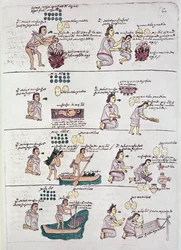 Page du Codex Mendoza, montrant la discipline et les tâches assignées aux enfants, Mexique, vers 1541-42