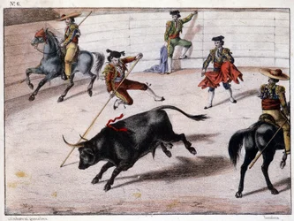 Saut de perche, corrida en Espagne, lithographie espagnole, sd. 19e siècle