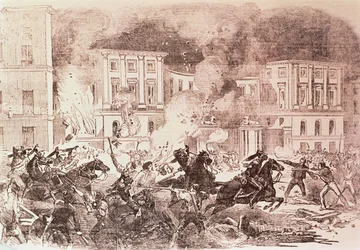 Soulèvements populistes à Madrid, les émeutiers tentent de mettre le feu au palais de la reine Maria Christina en 1854