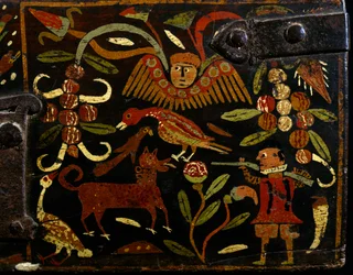 Scène représentant un chasseur espagnol et des motifs indiens, détail d