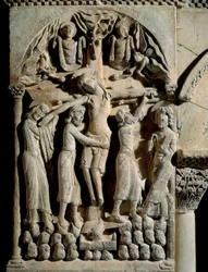 La Descente de Croix, Maître de Saint Dominique de Silos (12ème siècle). Relief sur pierre