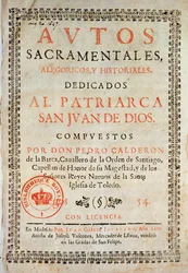 Page de titre de Los Autos Sacramentales par Pedro Calderon de la Barca, édité par Juan Garcia Infanzon, 1690