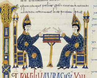 Deux évêques catholiques devant un manuscrit, miniature des Glosas Emilianenses, 992-994 (manuscrit enluminé)