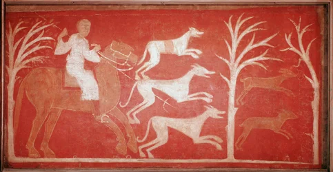 Scène de chasse représentant des chiens courant après du gibier. 1150. Fresque de l