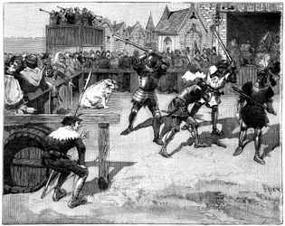 Quatre aveugles placés dans un ring pour combattre un grand cochon, XIVe-XVe siècle 1882-1884
