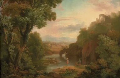 Paysage classique avec des pêcheurs et une lavandière, une villa au sommet d