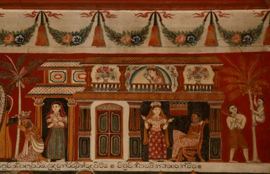 Peinture murale représentant une maison singhalaise dans le temple Subdharama, Dehiwala