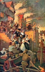 Le Grand Incendie de Londres en 1666, illustration tirée de « The Story of the British Nation » de Hutchinson, vers 1920