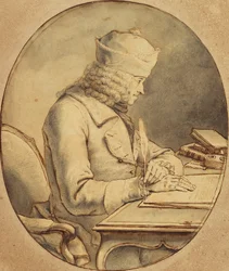 Voltaire assis à un bureau portant une casquette, de profil à gauche, vers 1765