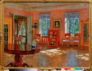 Intérieur de la bibliothèque dans un manoir. Peinture de Stanislav Yulianovich Joukovski (1873-1944), huile sur toile, vers 1910. Art russe, 20e siècle, modernisme. State Art Museum of Republic Tatarstan, Kazan (Russie)