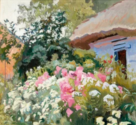 Fleurs devant un cottage
