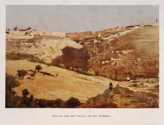 Aquarelle de Stanley Inchbold, représentant la vallée du Cédron, à Jérusalem, Palestine 1906