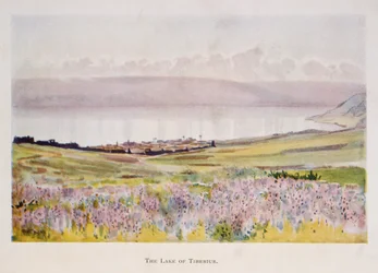 Aquarelle de Stanley Inchbold, représentant la mer de Galilée en Palestine 1906