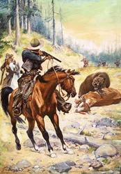 Cowboys américains entourant un ours accroupi sur le corps d