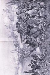 Chilianwala, 13 janvier 1849 : La brigade de Goddy faisant une résistance courageuse entourée par les Sikhs, illustration de British Battles on Land and Sea, 1915