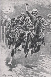 Lieutenant Maclaine apportant les canons à Maiwand, 17 juillet 1880, illustration de British Battles on Land and Sea, 1915