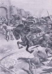 Les 16e lanciers et les cavaliers de Skinner repoussant les Jats à Bharatpur, décembre 1825 (illustration de British Battles on Land and Sea)