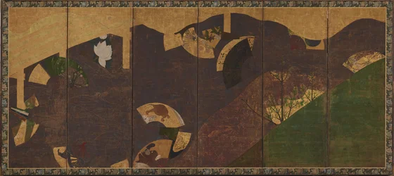Vignes de lierre, ponts et éventails flottants, période Momoyama ou Edo, début du XVIIe siècle