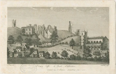 Château et église de Tutbury - Vue sud-est : gravure, nd [1762-1792]