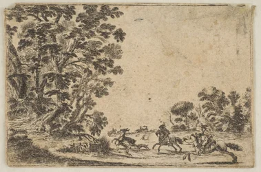 Planche 4 : une chasse au cerf, deux cavaliers galopant vers la droite derrière trois chiens, après 1642