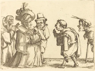 Une dame saluée par un nain