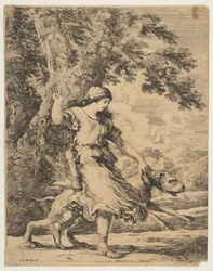 Une nymphe tenant un grand chien par son collier, vers 1654