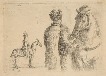 Un palefrenier polonais, de dos, tenant un cheval par la bride, vers 1662
