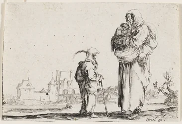 Une pauvre femme debout tenant un nourrisson, des Caprices, planche 7