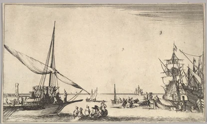 Une galère arrivant au port à gauche, plusieurs canots au centre, des navires au port à droite