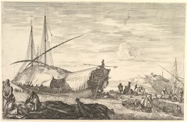 Une galère couverte de voiles à gauche, six canons et quatre personnes au premier plan