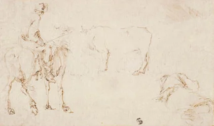 Un cavalier, une vache et un homme endormi
