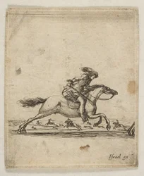 Un cavalier avec une épée à la main galopant vers la droite, d