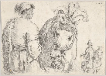 Un homme à gauche de profil donnant une poignée de foin à un cheval au centre, un cavalier à t..., vers 1662