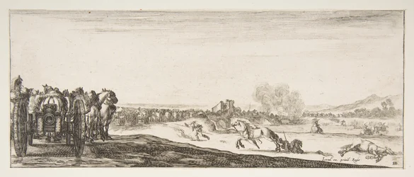 Une procession de carrosses à canon tirés par des chevaux à gauche, cavaliers en combat et un cheval mort, vers 1641