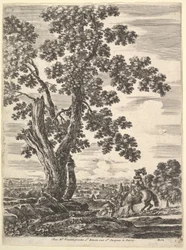 Une femme à cheval vue de dos descendant une colline à droite, un grand arbre..., vers 1652-57