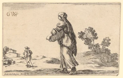 Paysanne avec panier, vue de dos et de côté vers la gauche, devant elle un voyageur tourné vers la gauche