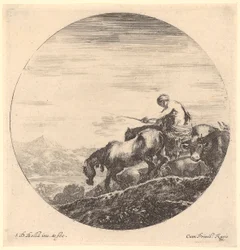 Bauer conduit ses animaux vers la gauche, en direction de la rivière, feuille n° 2 de la série « Six motifs animaliers en forme circulaire »