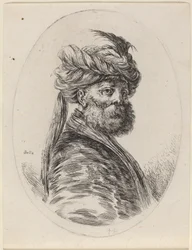 Maure barbu avec un turban à plumes et un voile, tourné vers la droite