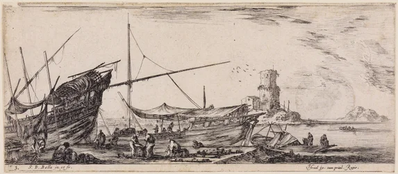Chargement de divers navires: ouvriers dans un port et six canons