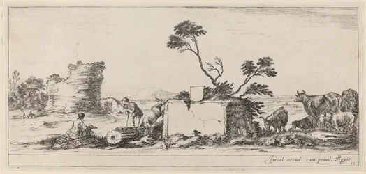 Scène de campagne avec artiste dessinant